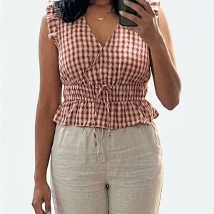 Pink Rose Pink Gingham Ruffled Smocked Waist Camisole